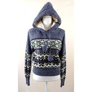 Between Me & You Womens Cropped Sweater Medium Soft Oversize Hooded Pom Pom